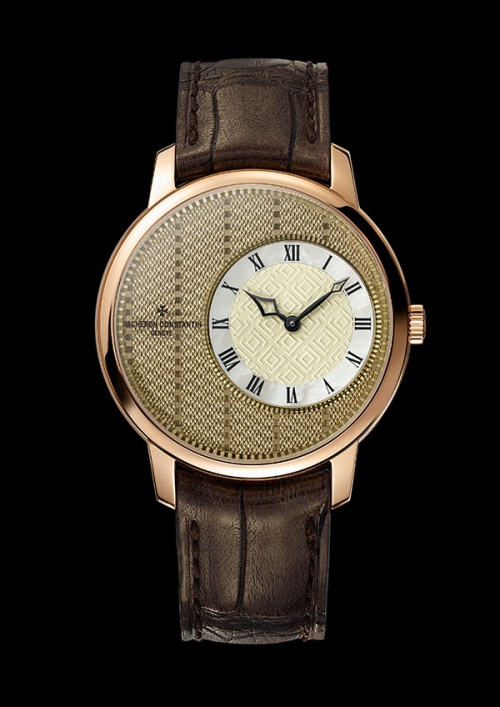 The Vacheron Constantin "Métiers d'Art Elégance Sartoriale" watch with a pinstripe pattern and a translucent linen-colored Grand Feu enamel finish